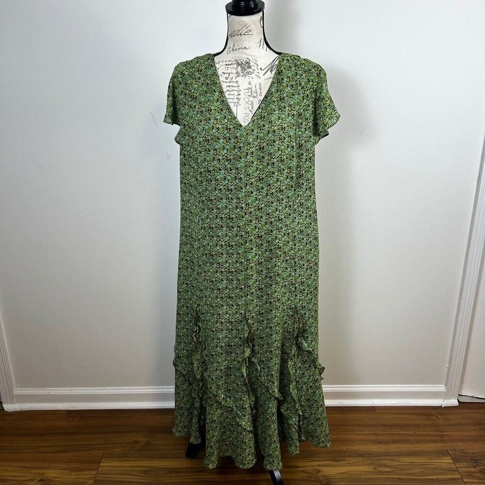 Emma James Woman Dress 20W Green Floral Chiffon Ruffle Hem Maxi V-Neck Short